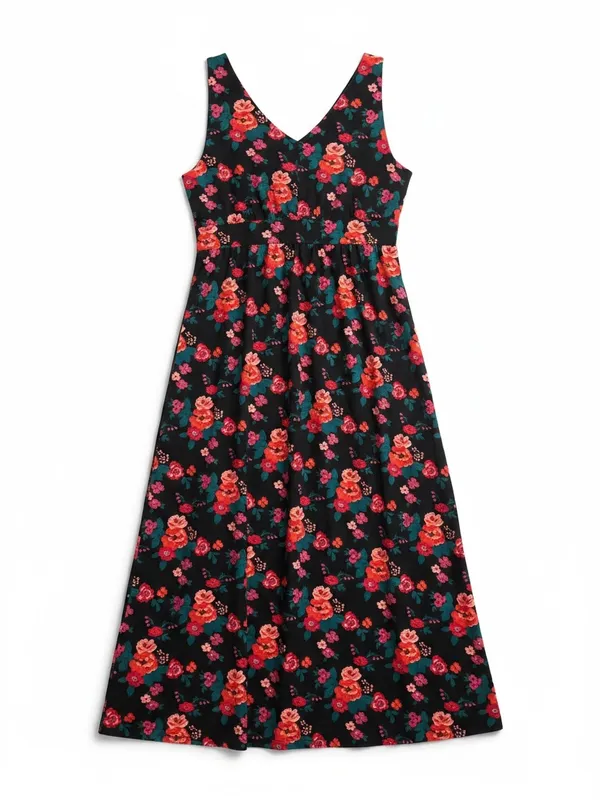 Garnet Hill Floral Maxi Dress Womens 16‎ Black Sleeveless V-Neck Jersey NWOT - Image 3