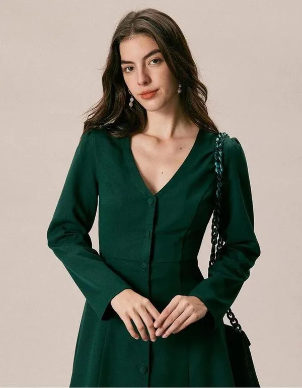 RIHOAS The Green V Neck Button Shirt Mini Dress S - Image 4