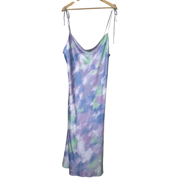 NWT Skies Are Blue Watercolor Abstract Slip Dress Purple Satin Cowl Neck Size XL - Image 2