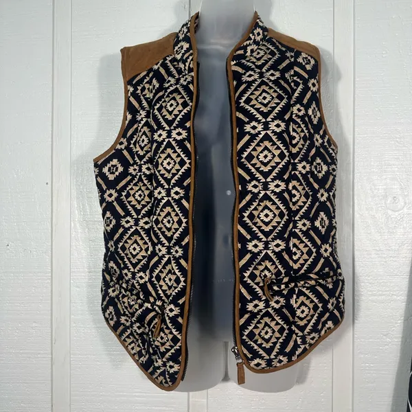 Entro Navy White Aztec Southwestern Quilted Full Zip Front Vest Sz Large EUC - Image 2