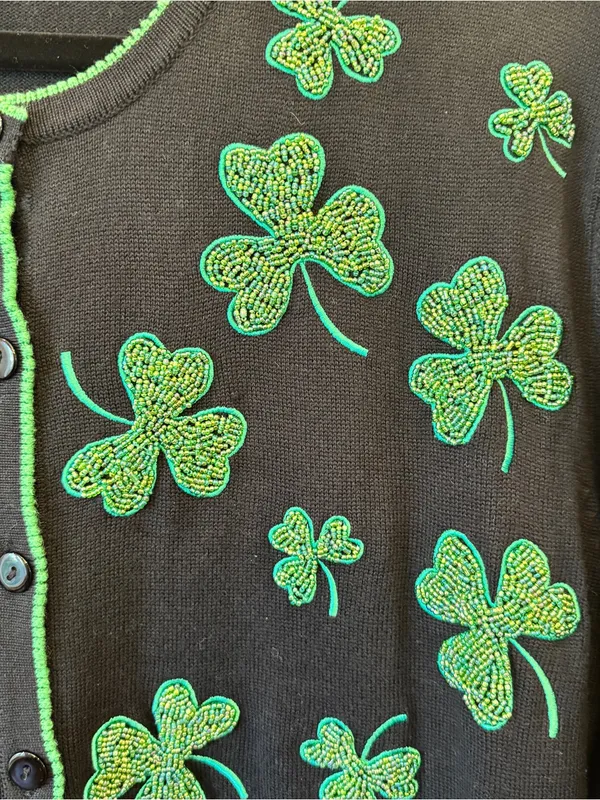 Black Shamrock Embroidered Knit Cardigan - Green Accent beaded‎ shamrock - Image 2
