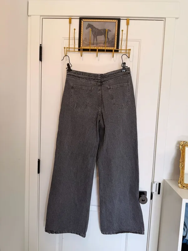 Women's Washed Grey Drawstring Waist Wide Leg Jeans - Image 5