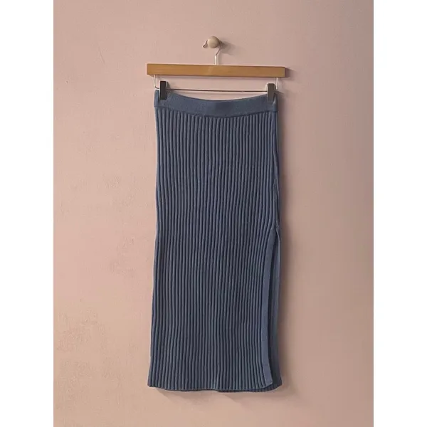 Dusty Blue Ribbed Knit Sweater Crop Top & Skirt Set Size S EUC - Image 3