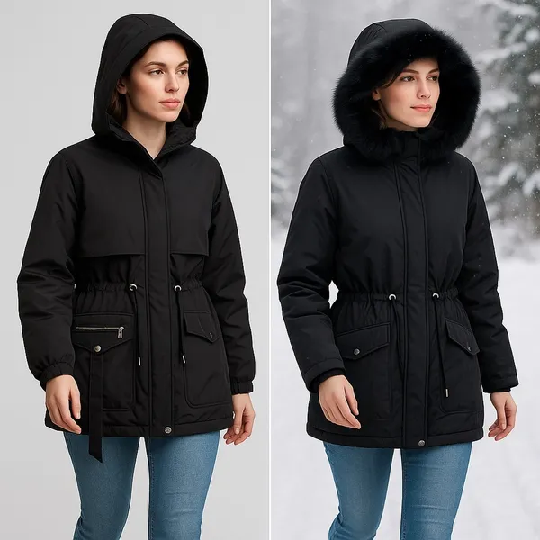 NEW with tags - Black Puffer Parka w/ Detachable Faux Fur Lining + Cinch Waist - Image 4