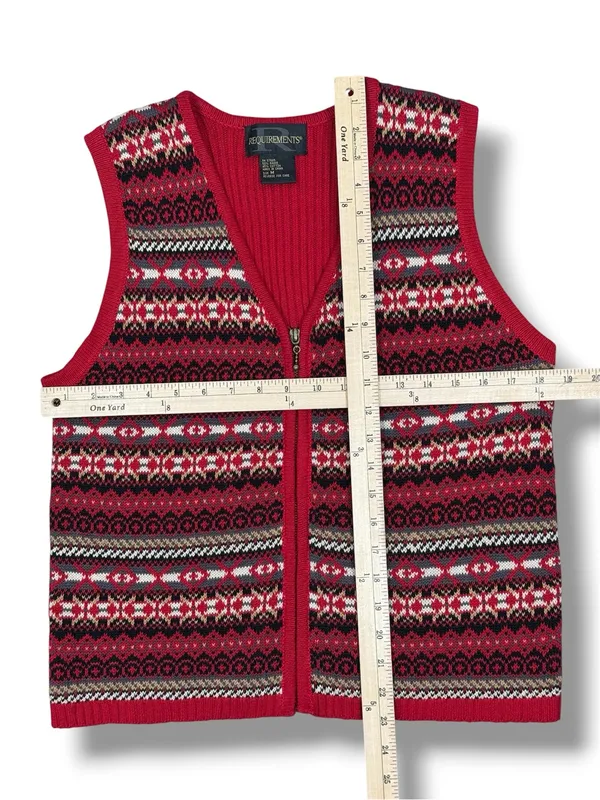 Vintage Requirements Fair Isle V Neck Zip‎ Up Sweater Vest Red Multi Medium - Image 10