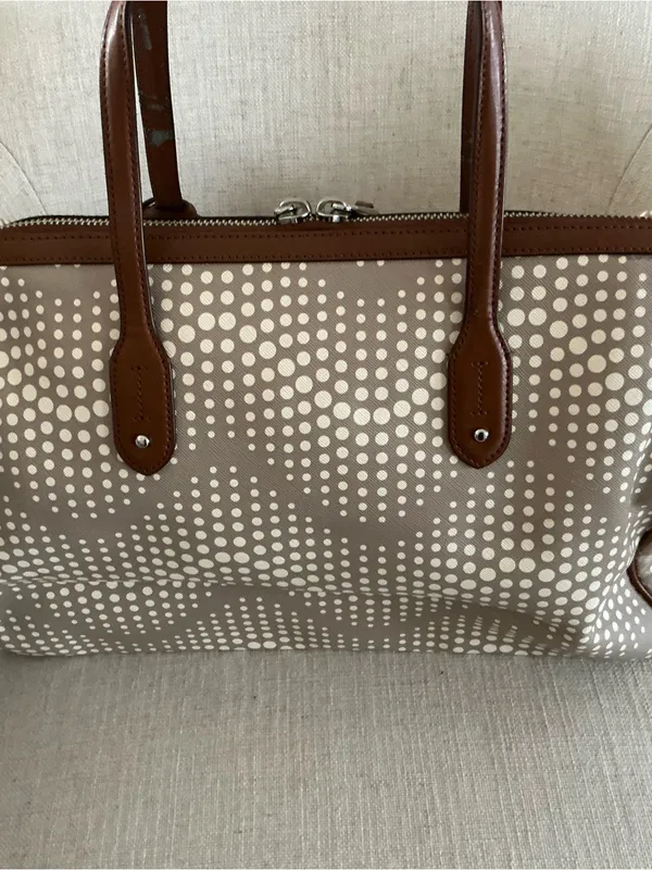 Ralph Lauren beige grey and brown polka dot leather satchel handbag footed - Image 3