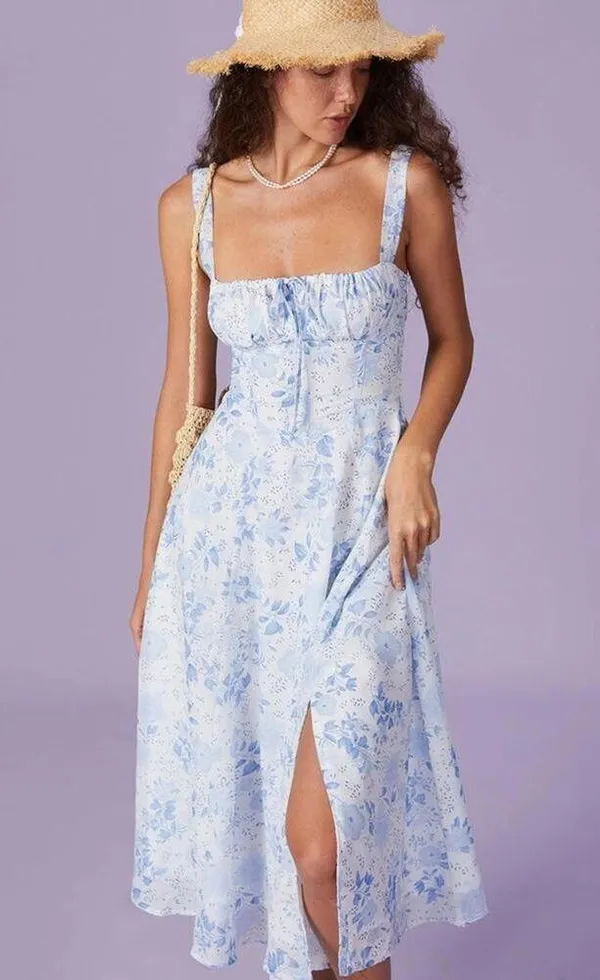 RIHOAS The Blue Square Neck Floral Ruched Midi Dress XS - Image 2