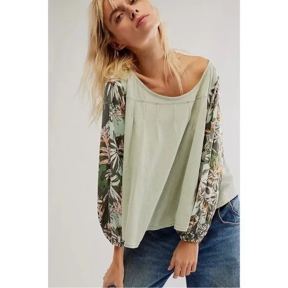 Free People Picking Petals Top Seafoam Green Contrast Sleeves Women's Size S - Image 3