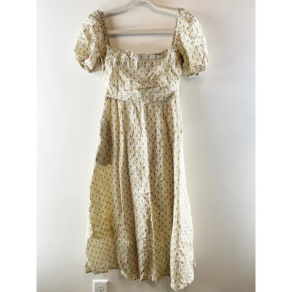 O.P.T Square Neck Short Puff Sleeve Floral Cotton Lined Midi Dress Cream Large - Image 4