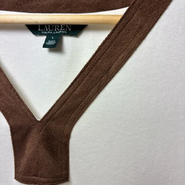 Ralph Lauren V neck Cream and Brown Cotton Long‎ Sleeve Top Size L - Image 5