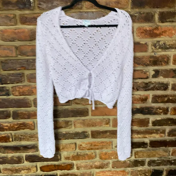 Francesca's Blue Rain Lilac Belle Keyhole Crochet Crop Cardigan Sweater Medium - Image 2