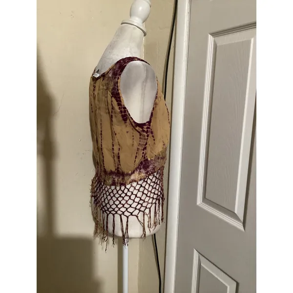 Patrons of Peace Tan Purple Tie Dye Fringe Macrame Tank Top Womens Large L - Image 2