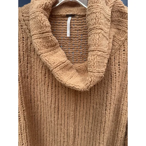 Free People Be Yours Pullover Sweater Camel Chunky Knit Oversized Cowl Neck XS - Image 5