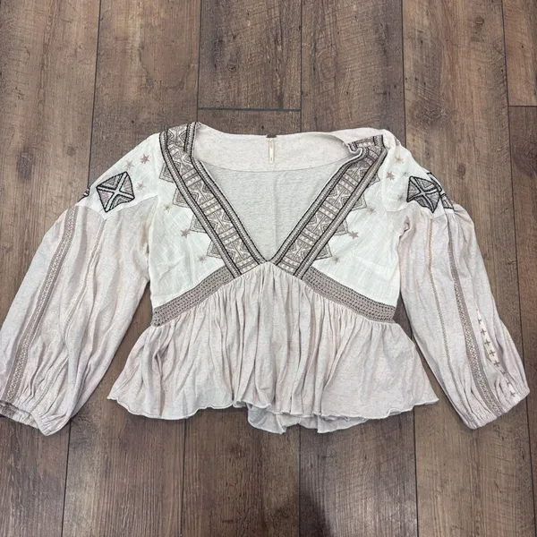 FREE PEOPLE Aria Embroidered Top Babydoll Peasant Balloon Sleeve Natural Linen S - Image 4