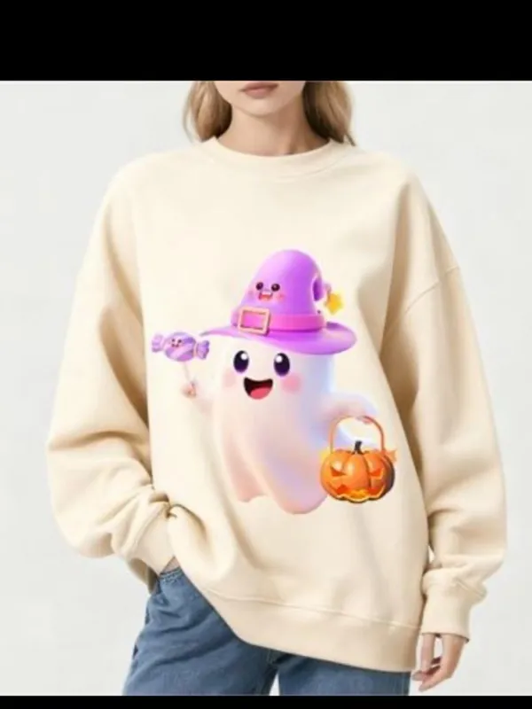 Beige Sweatshirt with Ghost and Pumpkin Design M Purple Size M - Image 5