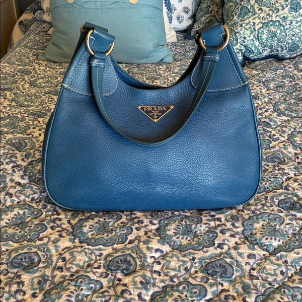 ADDITIONAL PHOTOS Prada Vitello Daino Moon Shoulder Bag Blue Leather Silver - Image 2