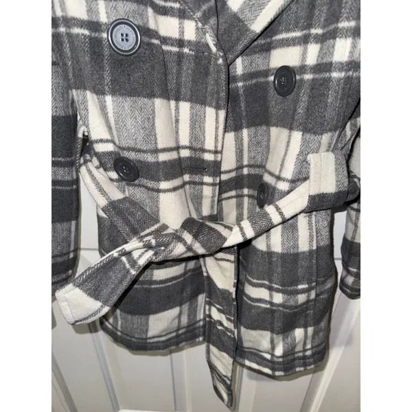 Joujou Womens Grey Plaid Double‎ Breasted Belted Peacoat Jacket Size M Y2K - Image 3