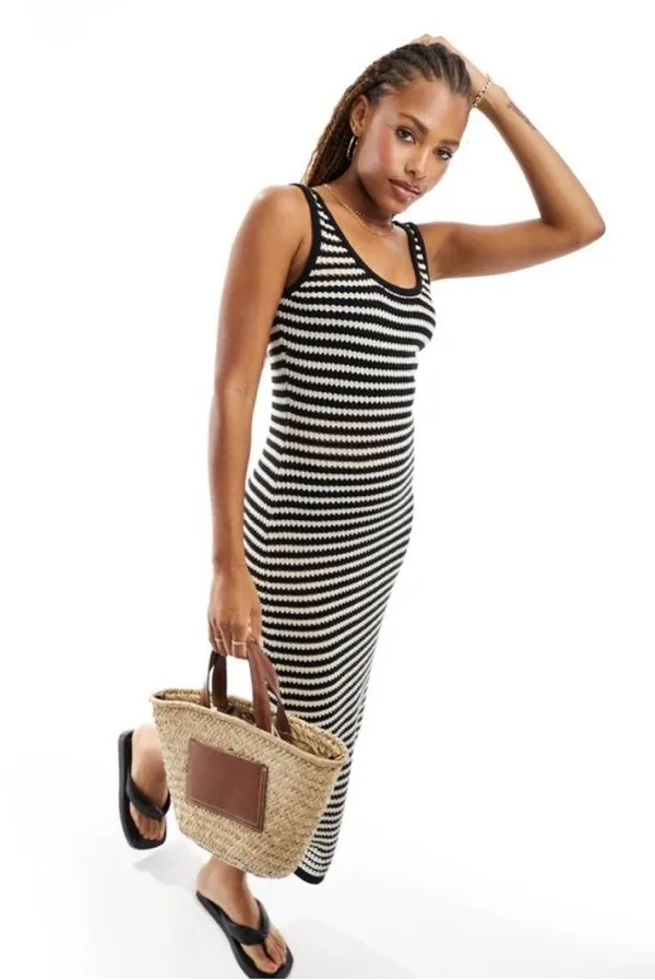 4th & Reckless Albi Knit Maxi Dress in Black and Cream Stripe crochet S - Image 3