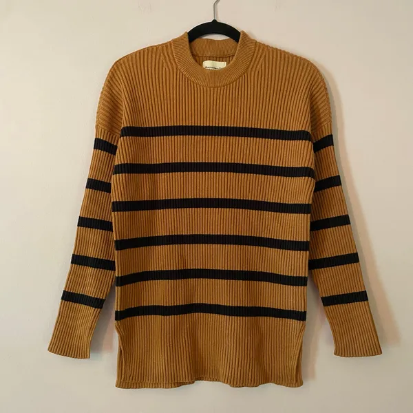 NWOT Abercrombie & Fitch Brown Blue Stripe Ribbed Crewneck Sweater Minimal XS - Image 2