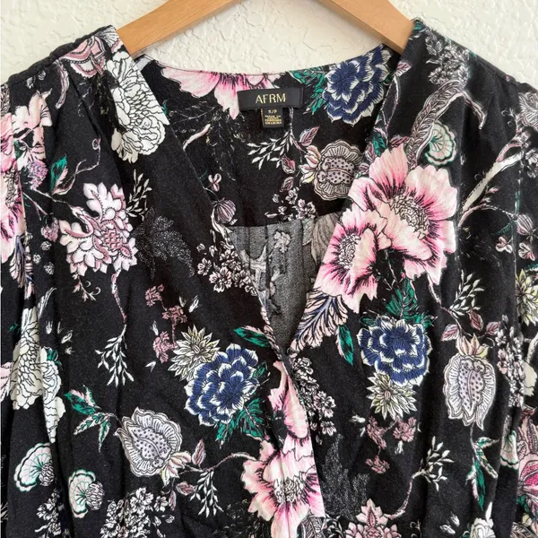 AFRM Surplice Long Sleeve‎ Bodysuit Puff Sleeve Black Pink Floral Small S - Image 4
