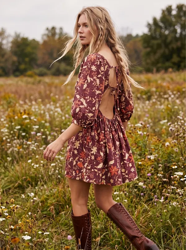 Free People Western Bohemian Dainty Lola Mini Dress Mocha Combo Large Floral NWT - Image 2