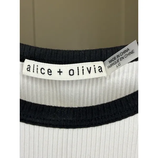 Alice & Olivia Woman’s White Black Ribbed Cropped Andre Tank Top Large Crew - Image 3