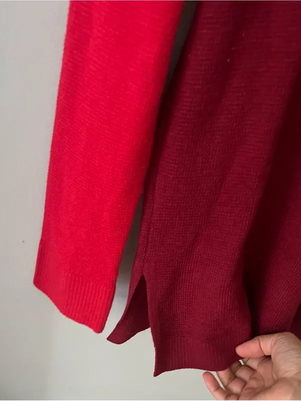 Vince Camuto Two-Tone Red Off-the-Shoulder Button Sweater - Image 6