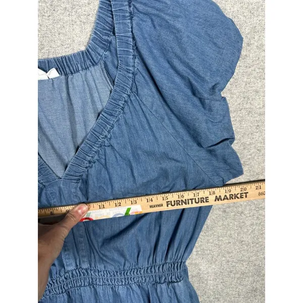 GAP Large Womens Dress Puff Sleeve Denim Midi‎ V-Neck 100% Cotton Medium Wash - Image 11