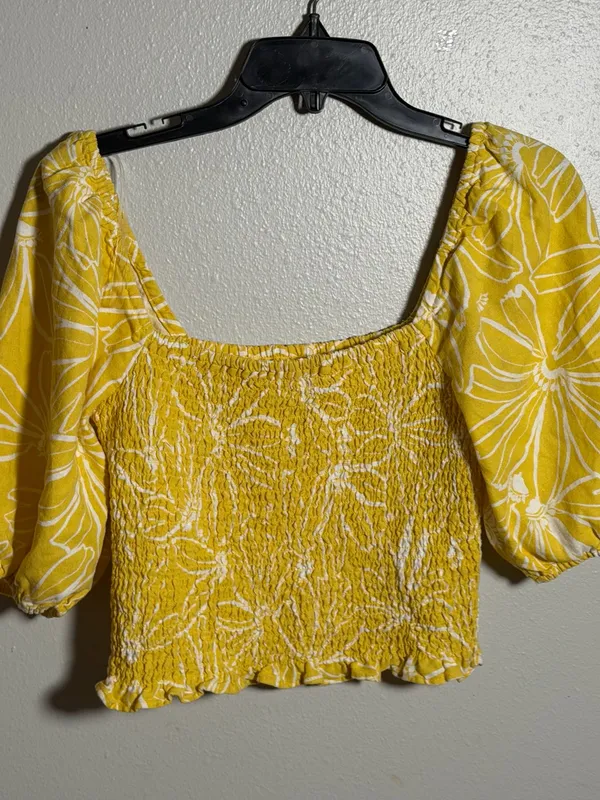 Universal Thread Women‎ Yellow Floral Smocked Puff Sleeve Crop Top Tropical S - Image 2