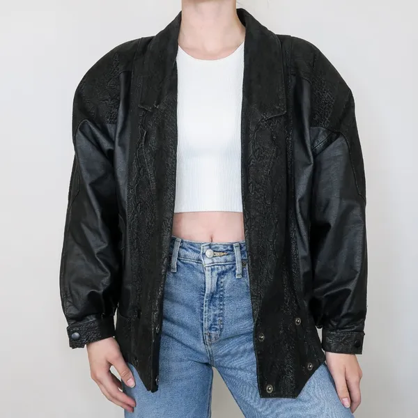 Vintage 70s Weiss Furs Black Leather Snakeskin Bomber Jacket - Image 3