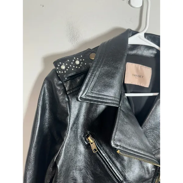 Twinset Milano Black‎ Genuine Leather Pearl Studded Biker Moto Jacket Womens S - Image 7