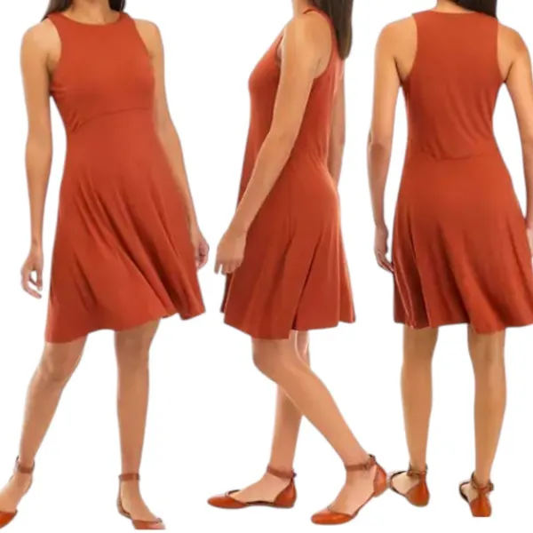 Workshop L Sleeveless A-Line Knit Dress Rust Orange Soft Stretch Bohemian Earthy - Image 2