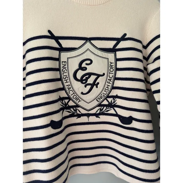 English Factory Golf Crest Sweater Cream Navy Striped Preppy Golfcore Small - Image 2