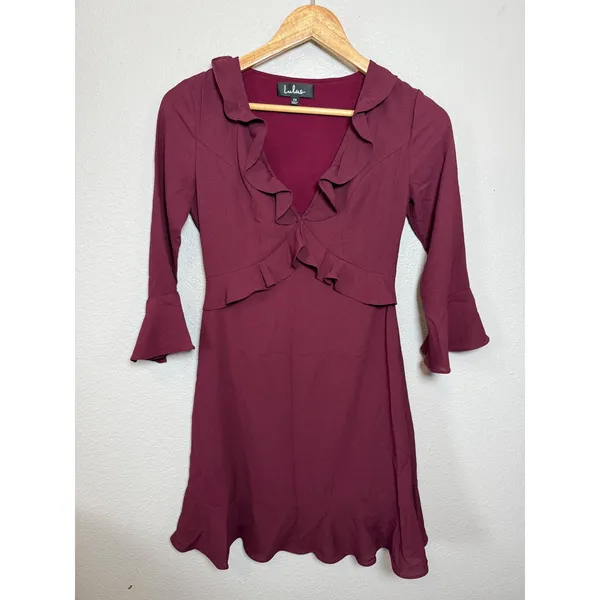 Lulus Burgundy Ruffle V-Neck Bell Sleeve Fit and Flare Mini Dress‎ XS - Image 4
