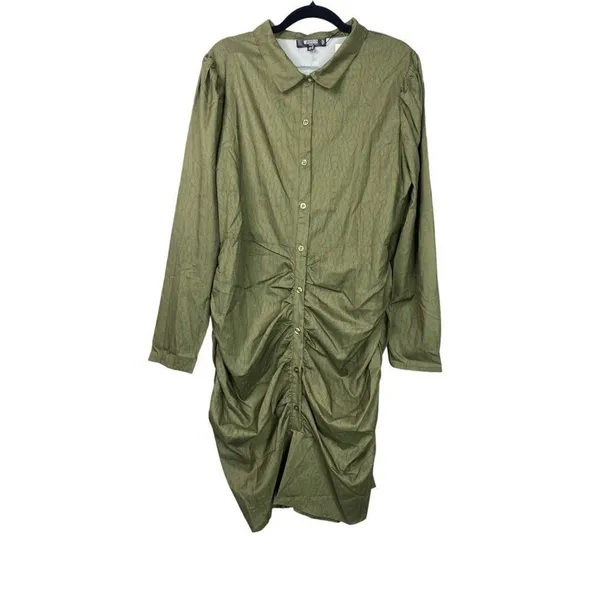 NWT Missguided Sexy Ruched Mini Dress Front Slit Stretchy Long Sleeve 14 Green - Image 2
