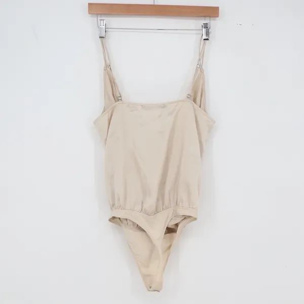 Abercrombie & Fitch Bodysuit Womens M Surplice Lace Trim Champagne Satin Good - Image 4