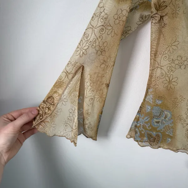 U.S Tops Vintage Y2k Fairy Brown Floral Sheer Bell Sleeve‎ Top Womens Small? - Image 5