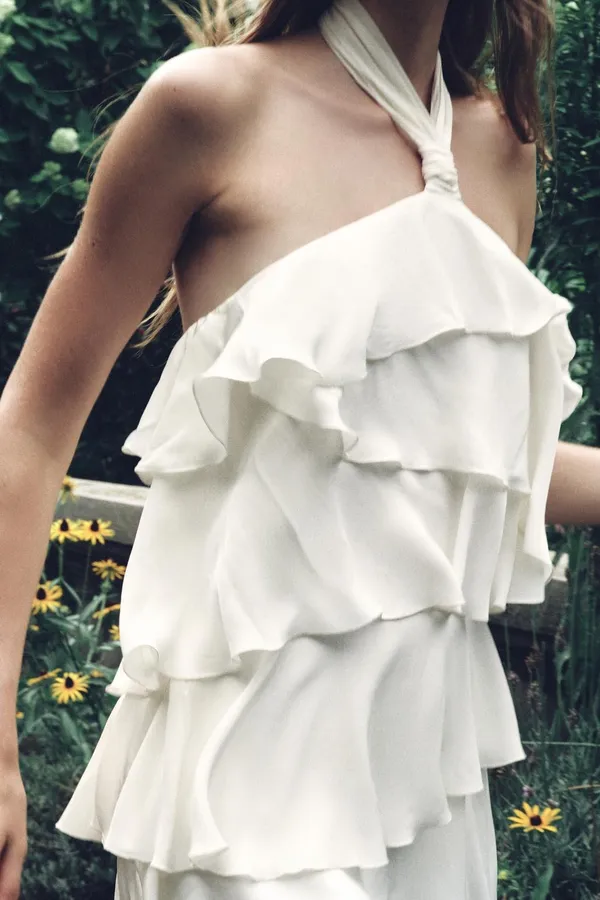 Zara Elegent Cream Halter-Tiered Women's Ruffeled Bohemian Mini Dress - Image 4
