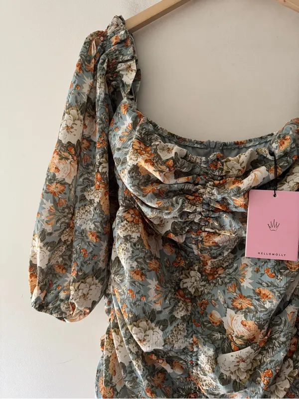 Hello Molly NEW! Basque Country Dress Sage Floral Ruched Mini Dress - Image 4