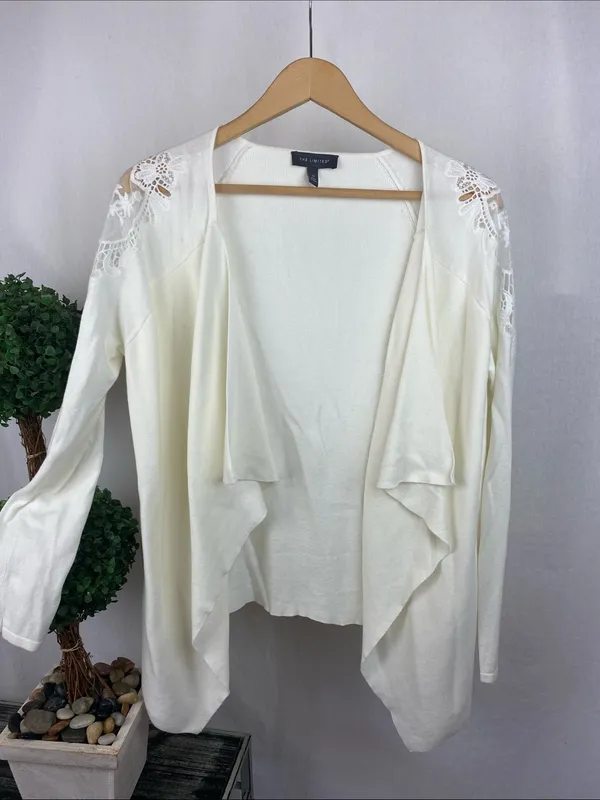 Limited Ivory Long Sleeve Crochet Accent Open Drape Front Cardigan Sweater M - Image 2