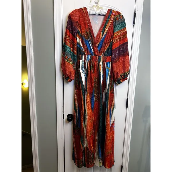 Women’s L Multicolor Abstract V-Neck Smocked Waist 3/4 Balloon Sleeve Maxi - Image 2