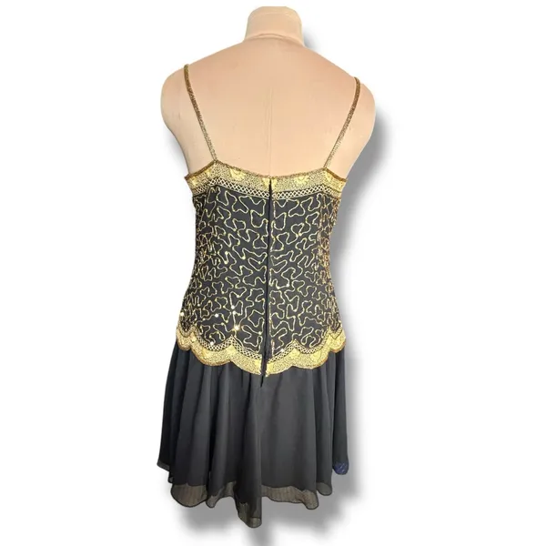 Vintage Beaded Black Gold Drop Waist Metallic Sequin Cocktail Dress Sleeveless 4 - Image 6