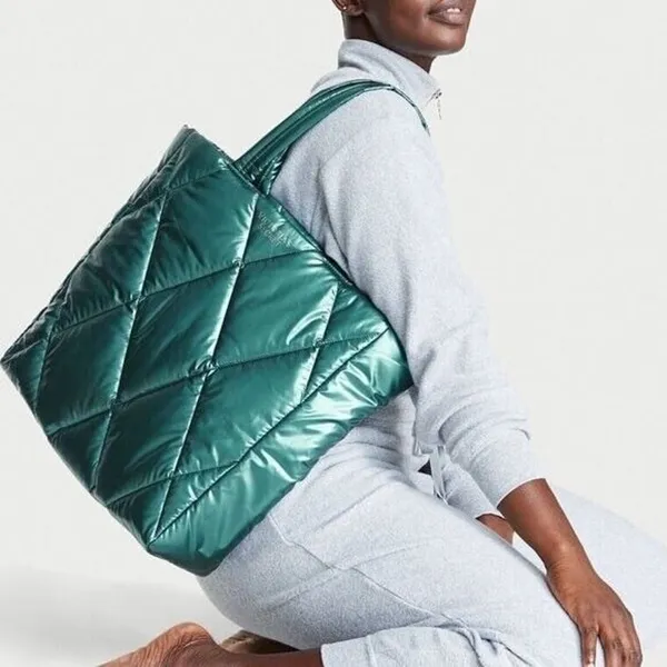 Victoria's‎ Secret Puffer Tote Metallic Teal Green Quilted Bag Blue Green NEW - Image 2