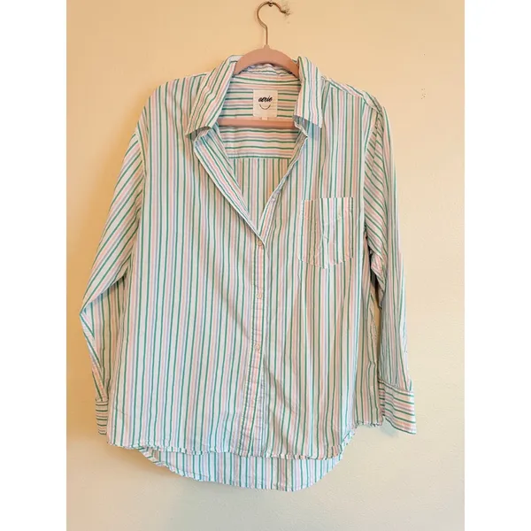Aerie Button Down Shirt Women Large Green Pink Striped Coastal Relaxed Fit Top - Image 6