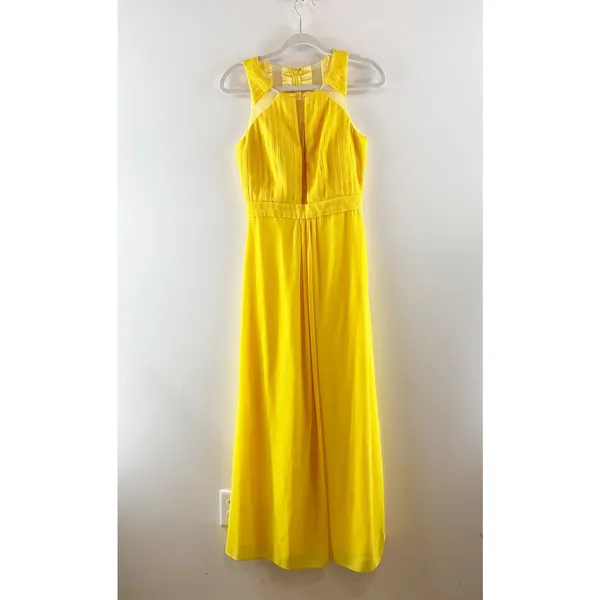 A. Drea Sleeveless Halter Neck Pleated Formal Maxi Dress Gown Yellow Small - Image 2