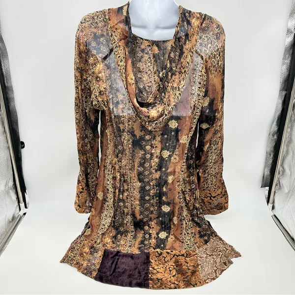 Faded Glory Brown and Gold Patterned Hoodie Tunic Blouse/Mini Dress Size S (4-6) - Image 7