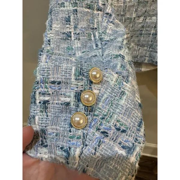 Nanette Lepore Tweed Elegant Blue Women's Pearl Button Blazer Jacket Size Large - Image 10