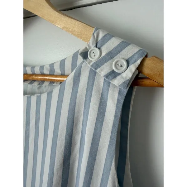 Vintage Blue White Striped Sleeveless Midi Dress Button Shoulder Drop Waist - Image 4