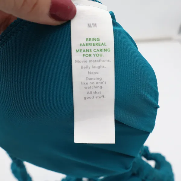 Aerie Bikini Top Womens M Real Good Triangle Teal Textured Eyelet Excellent - Image 3
