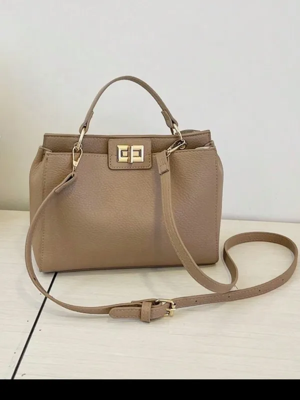 Twist lock Taupe tan Top-Handle Satchel Bag with crossbody faux leather - Image 4